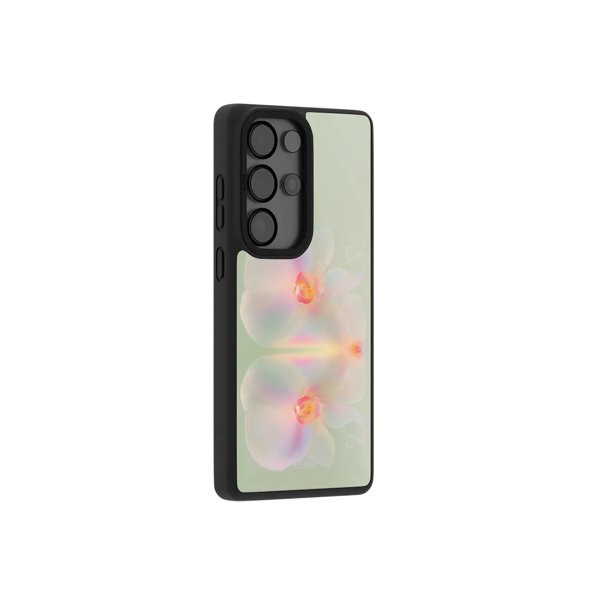 Iridescent orchid Samsung Galaxy case at a side angle showing the wrapped button covers