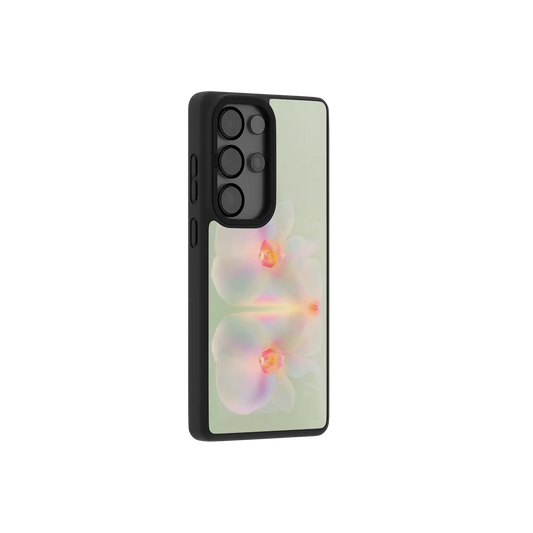 Iridescent orchid Samsung Galaxy case at a side angle showing the wrapped button covers