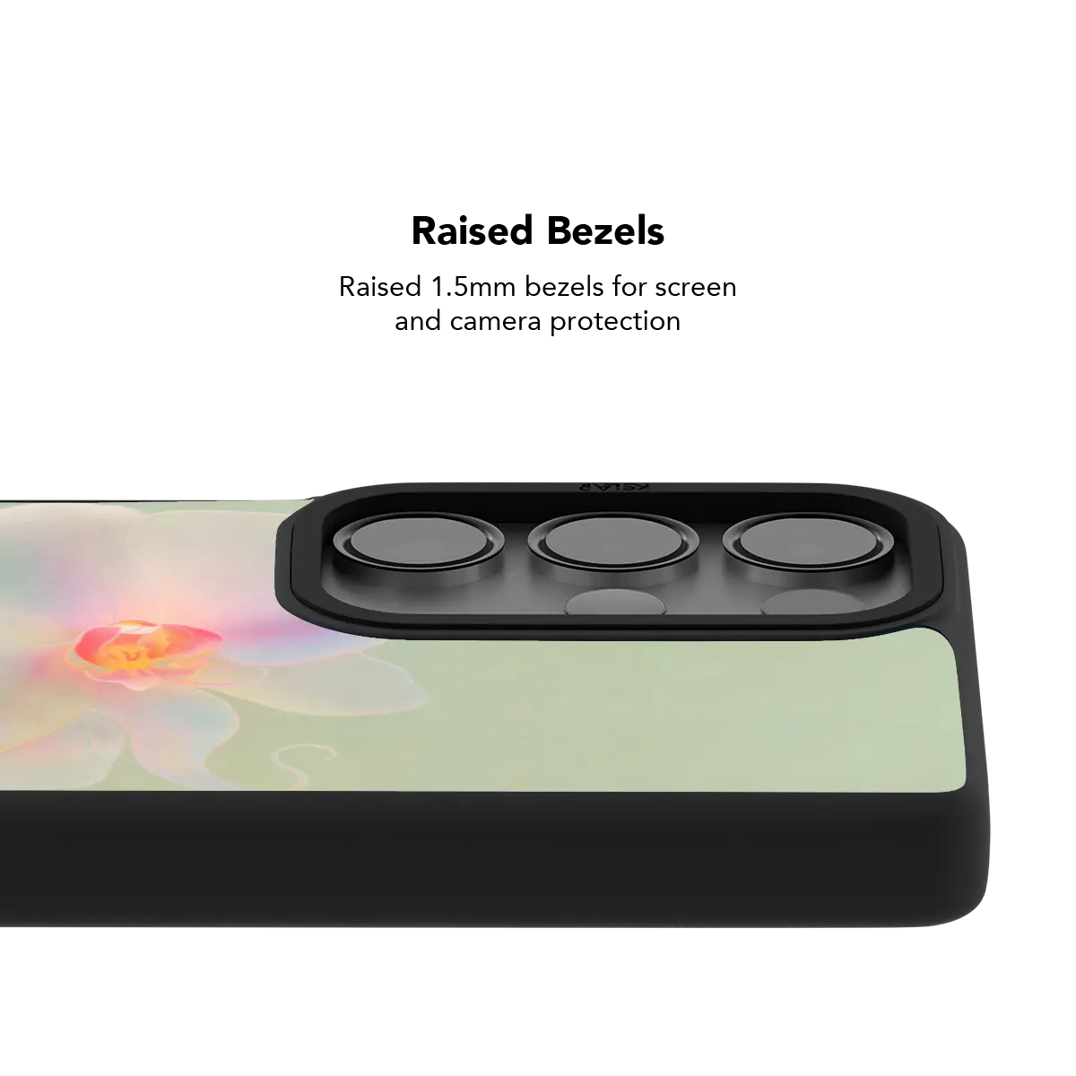Raised bezel on the iridescent orchid Galaxy case lifting the camera lenses clear of a flat surface