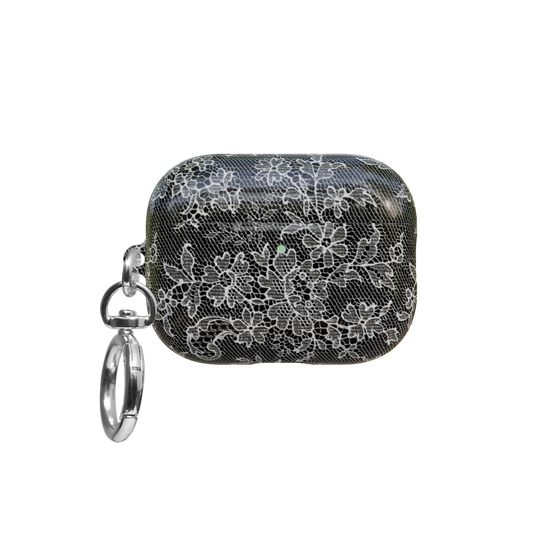 Black Lace airpods pro case front view with closed lid and keychain