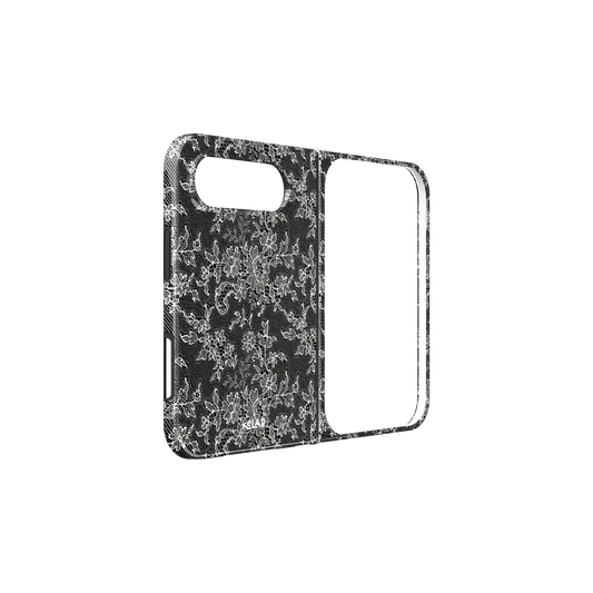 Black Lace, Gothic Vintage Floral iPhone 18 Fold Case, unfolded side view showing the hinge