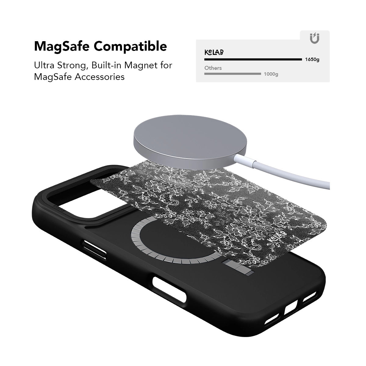 Black iPhone Case with floral design, MagSafe compatible and ultra strong built-in magnet for accessories