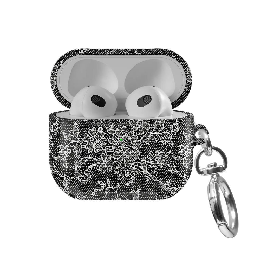 Midnight Garden AirPods case — front view with lid open, showing white gothic lace print on black and AirPods nested inside