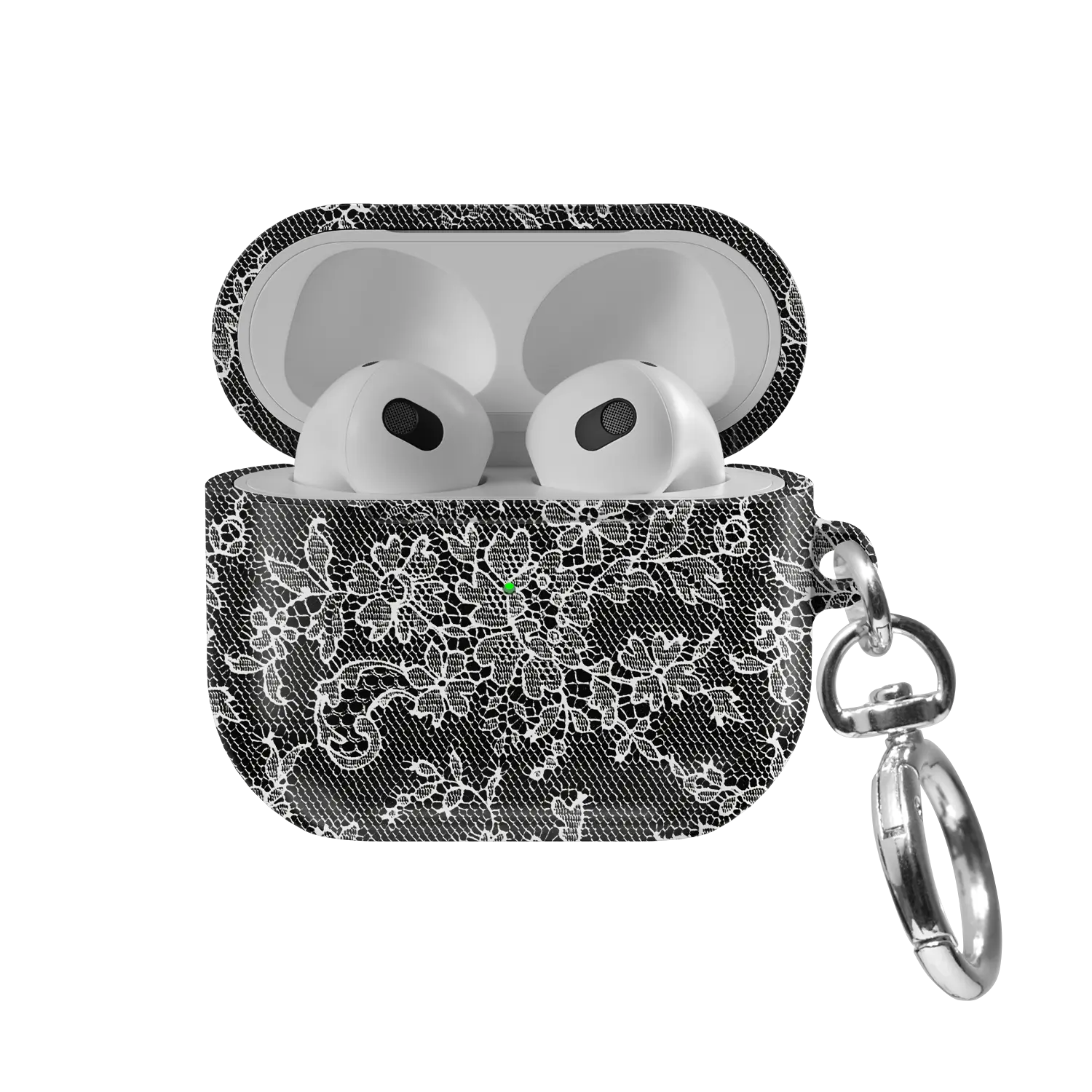 Midnight Garden AirPods case — front view with lid open, showing white gothic lace print on black and AirPods nested inside