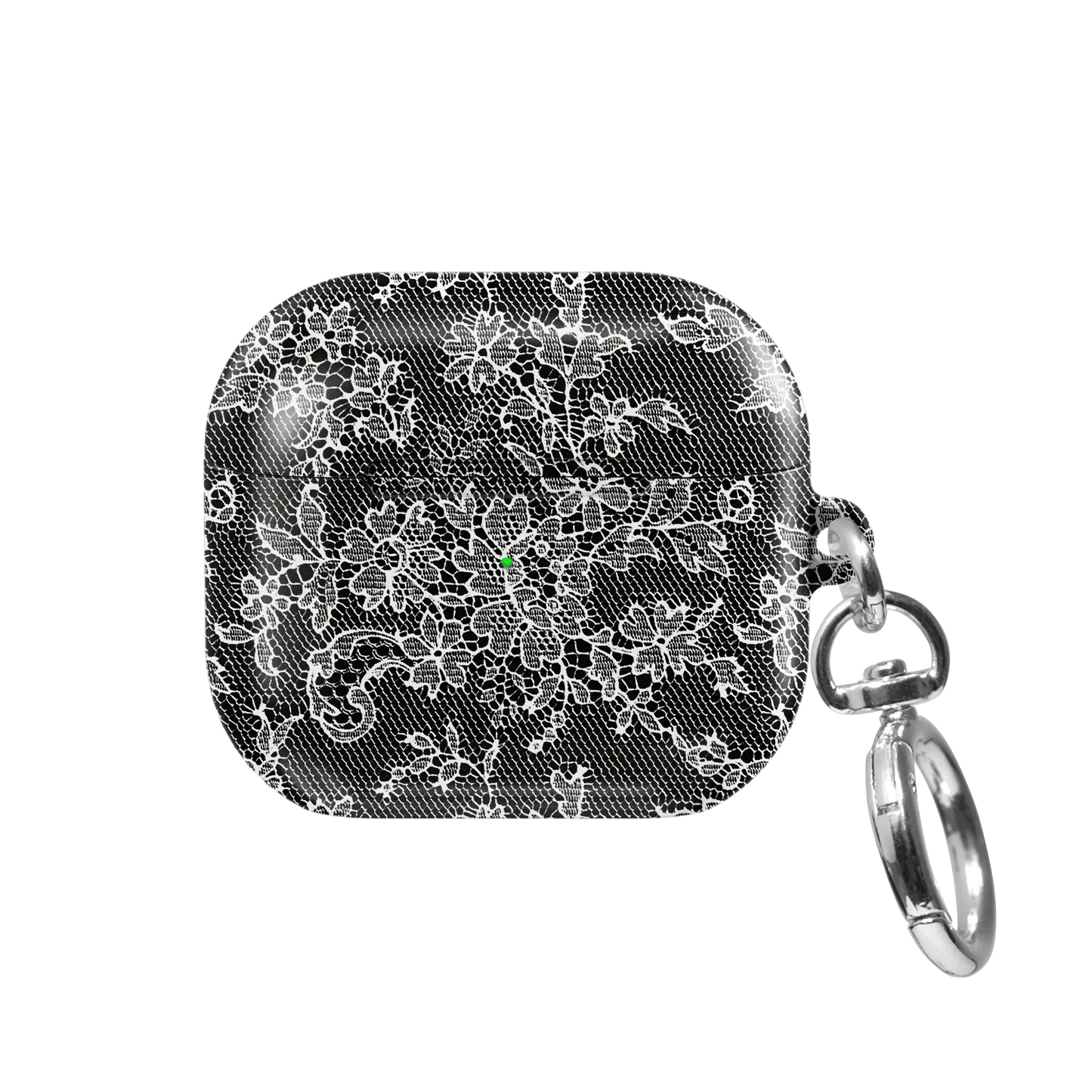 Midnight Garden AirPods case — front view showing intricate white floral lace on deep black with keychain clasp