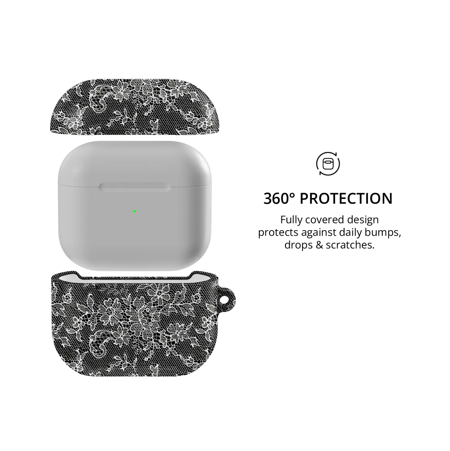 Midnight Garden AirPods case — front and back views highlighting full 360° protective coverage