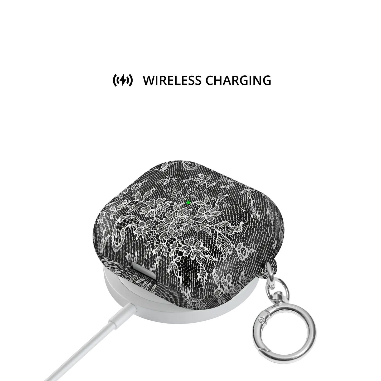 Midnight Garden AirPods case — shown on wireless charging pad, Qi compatible without removing case