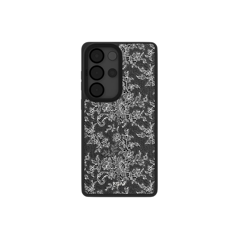 Black lace Samsung Galaxy case, back view with white floral lace on deep black around the camera cutout