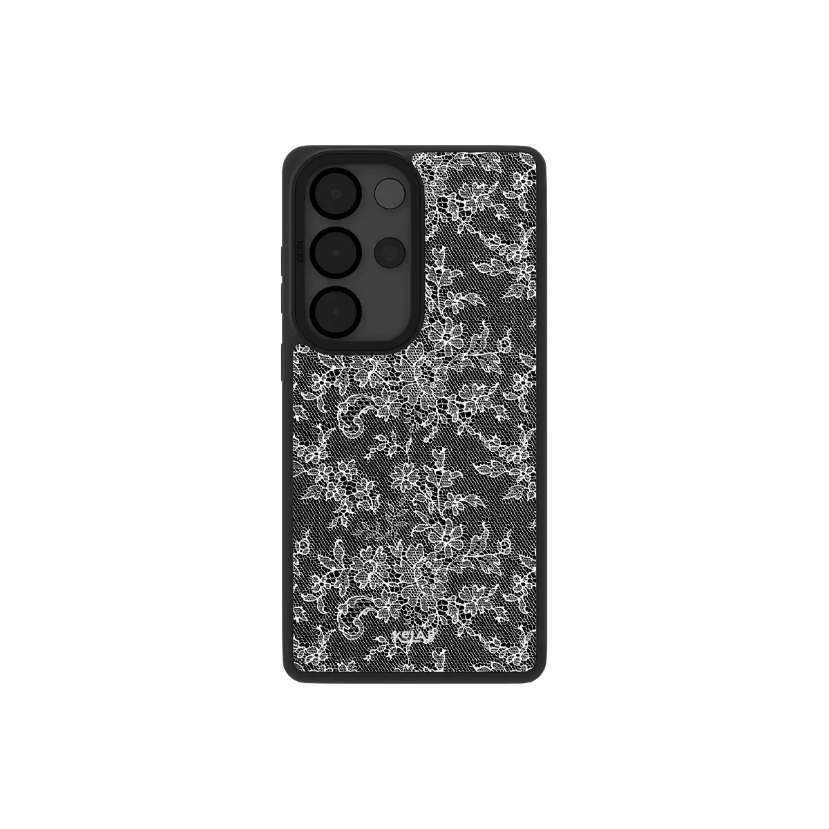 Black lace Samsung Galaxy case, back view with white floral lace on deep black around the camera cutout