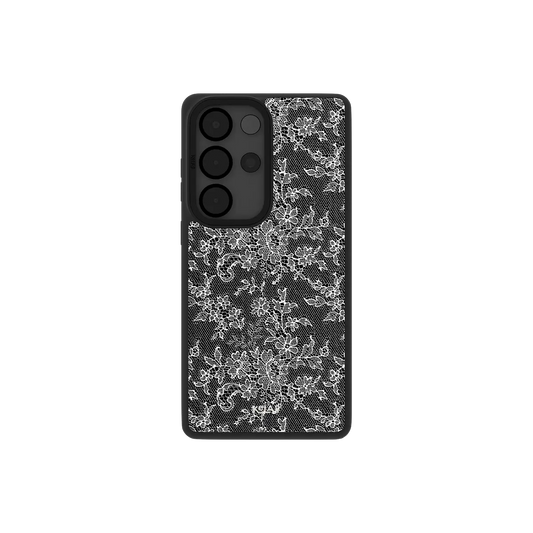 Black lace Samsung Galaxy case, back view with white floral lace on deep black around the camera cutout
