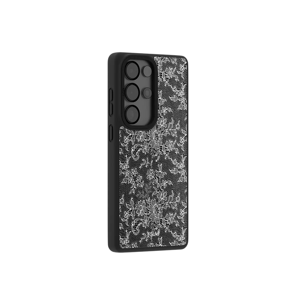 Black lace Samsung Galaxy case at a side angle showing the wrapped button covers