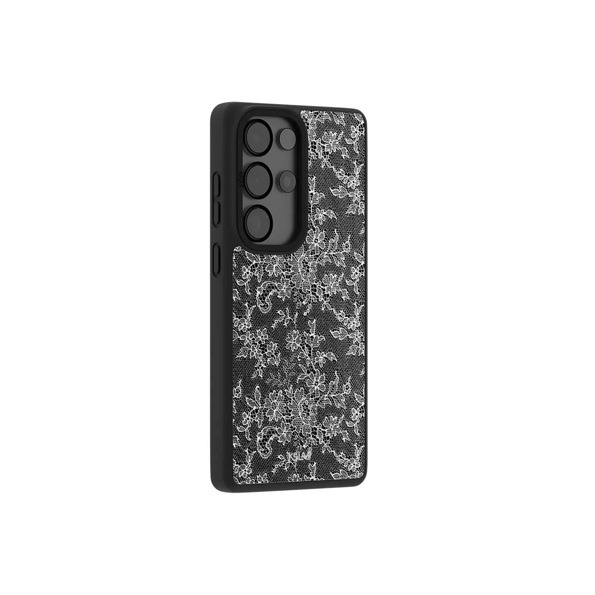 Black lace Samsung Galaxy case at a side angle showing the wrapped button covers