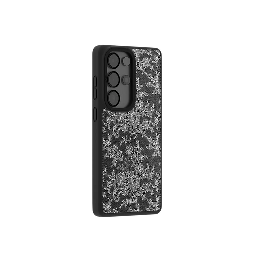 Black lace Samsung Galaxy case at a side angle showing the wrapped button covers