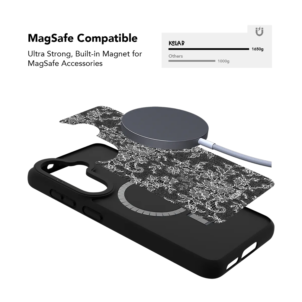 Black lace Samsung Galaxy case holding a magnetic wireless charger through the built in ring