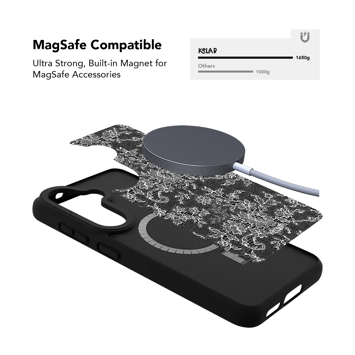 Black lace Samsung Galaxy case holding a magnetic wireless charger through the built in ring