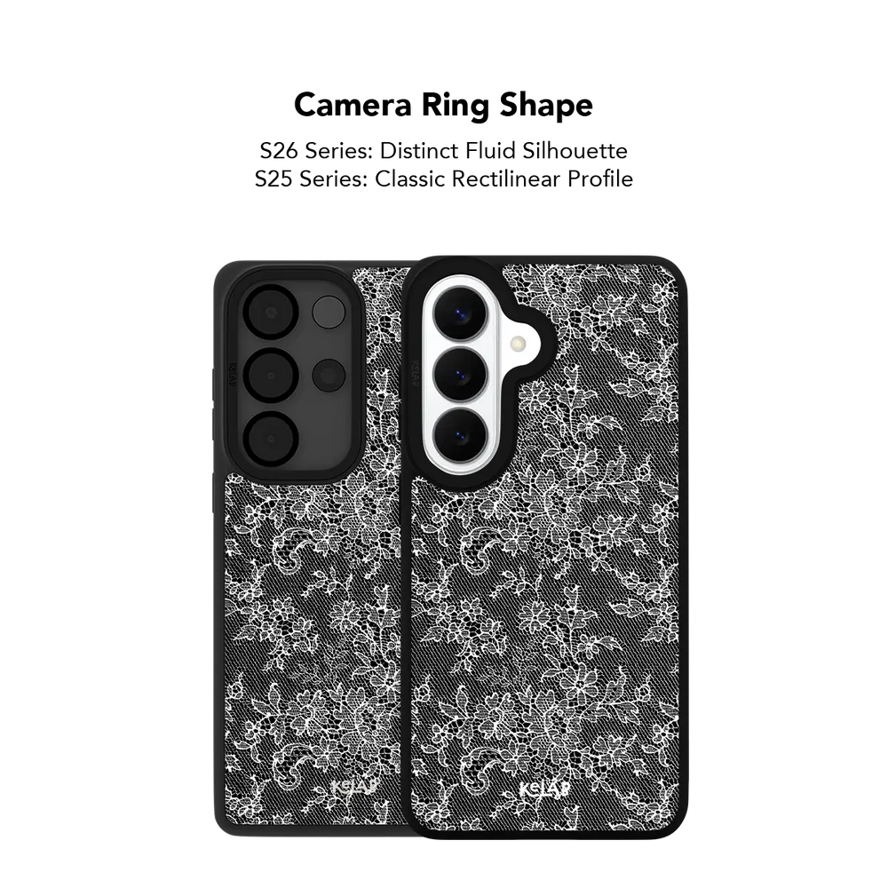 Close up of the camera ring cutout on the black lace Samsung Galaxy case