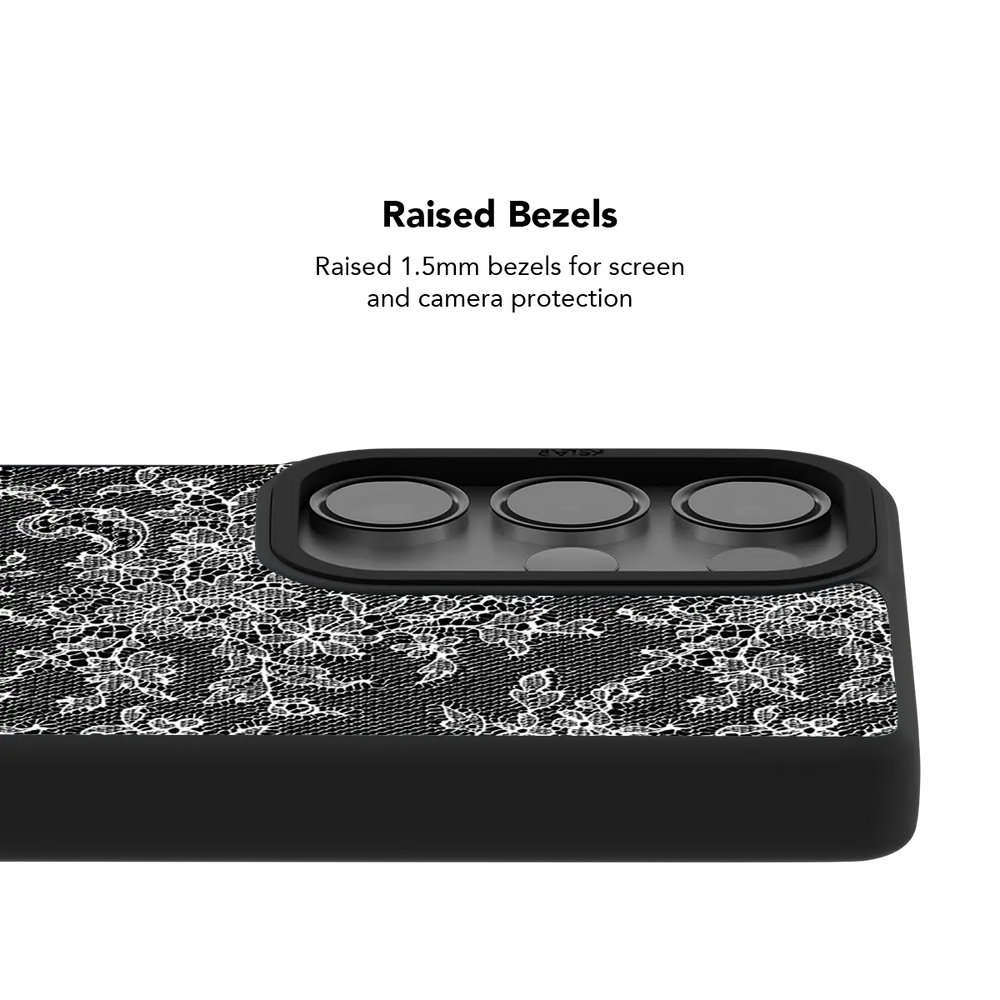 Raised bezel on the black lace Galaxy case lifting the camera lenses clear of a flat surface