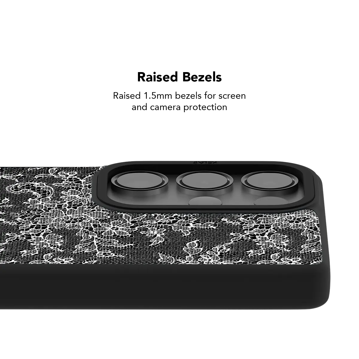 Raised bezel on the black lace Galaxy case lifting the camera lenses clear of a flat surface