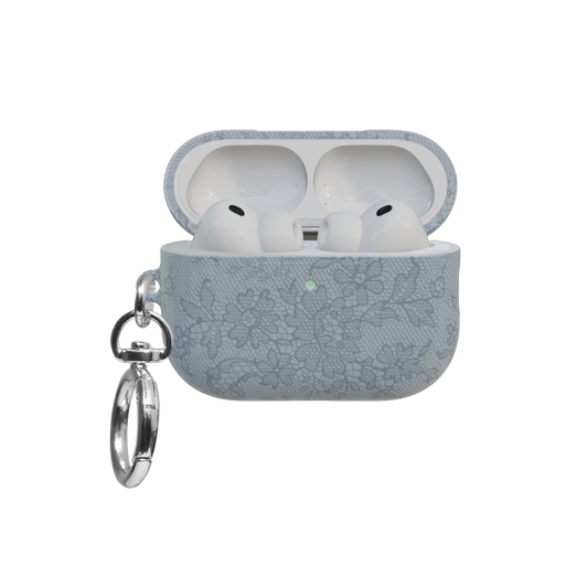 Blue Lace airpods pro case front view with open lid and keychain