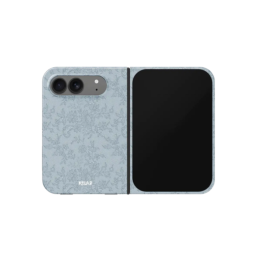 Blue Lace, Slate Vintage Floral iPhone 18 Fold Case, unfolded front view