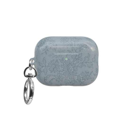Blue Lace airpods pro case front view with closed lid and keychain