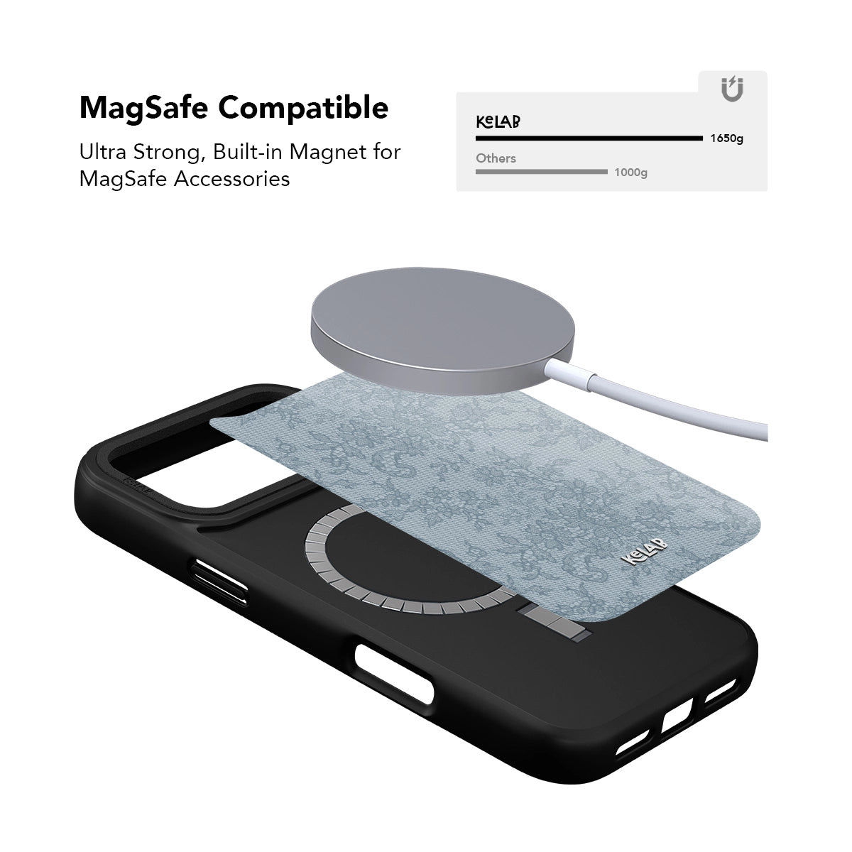 Black iPhone Case with a floral design and MagSafe compatibility for secure attachment of accessories