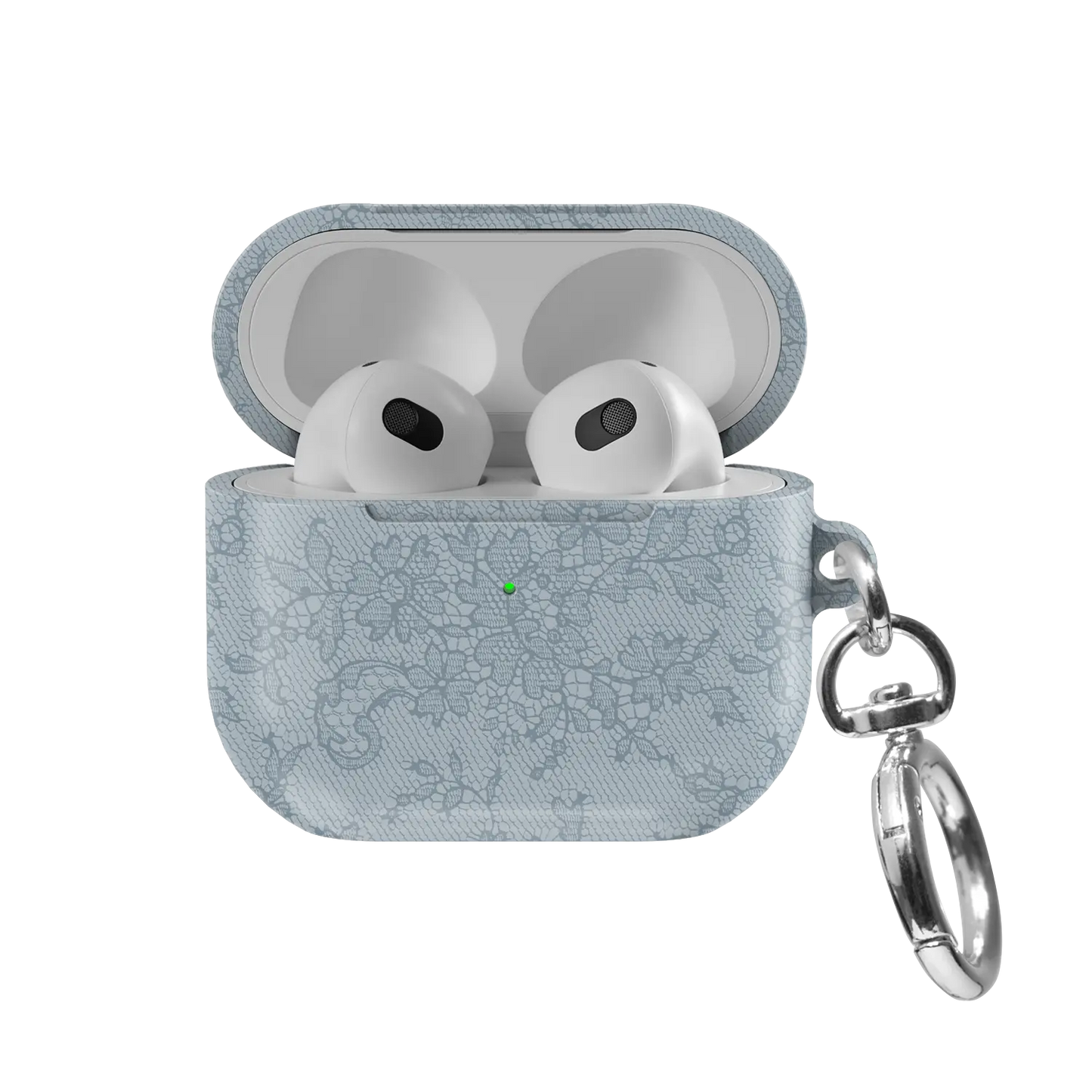 Antique Azul AirPods case — front view with lid open, showing slate blue lace print and AirPods nested inside