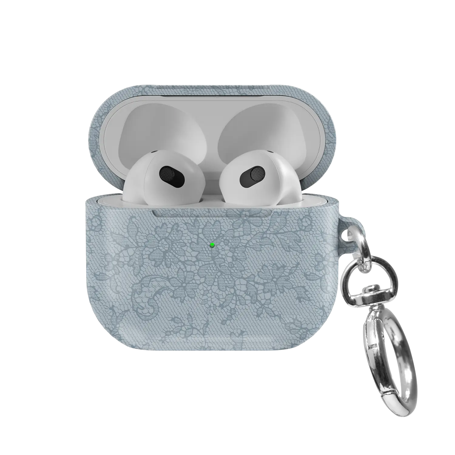 Antique Azul AirPods case — front view with lid open, showing slate blue lace print and AirPods nested inside