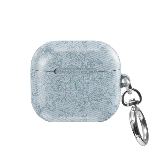 Antique Azul AirPods case — front view showing tonal botanical lace on slate blue with keychain clasp