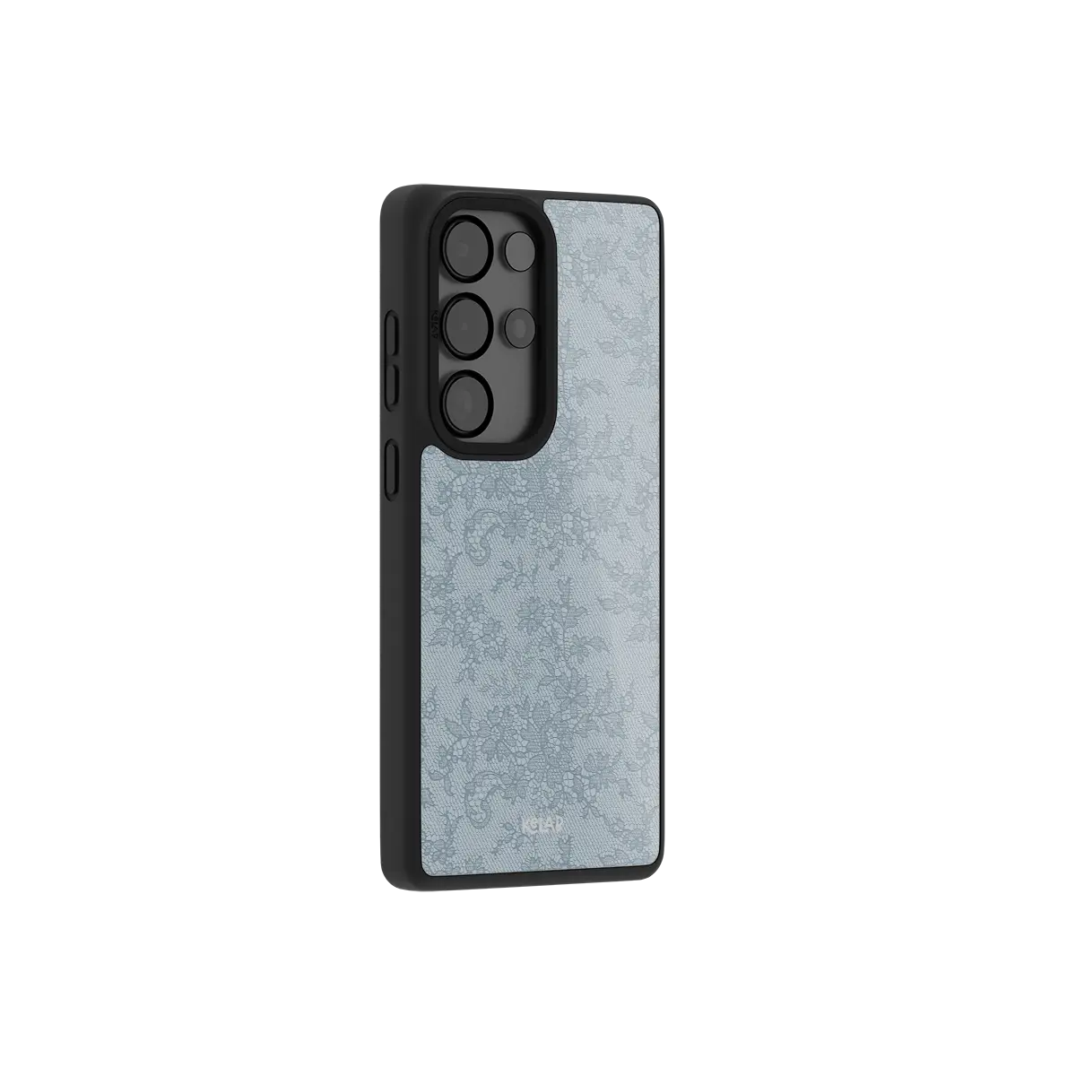 Slate blue lace Samsung Galaxy case at a side angle showing the wrapped button covers