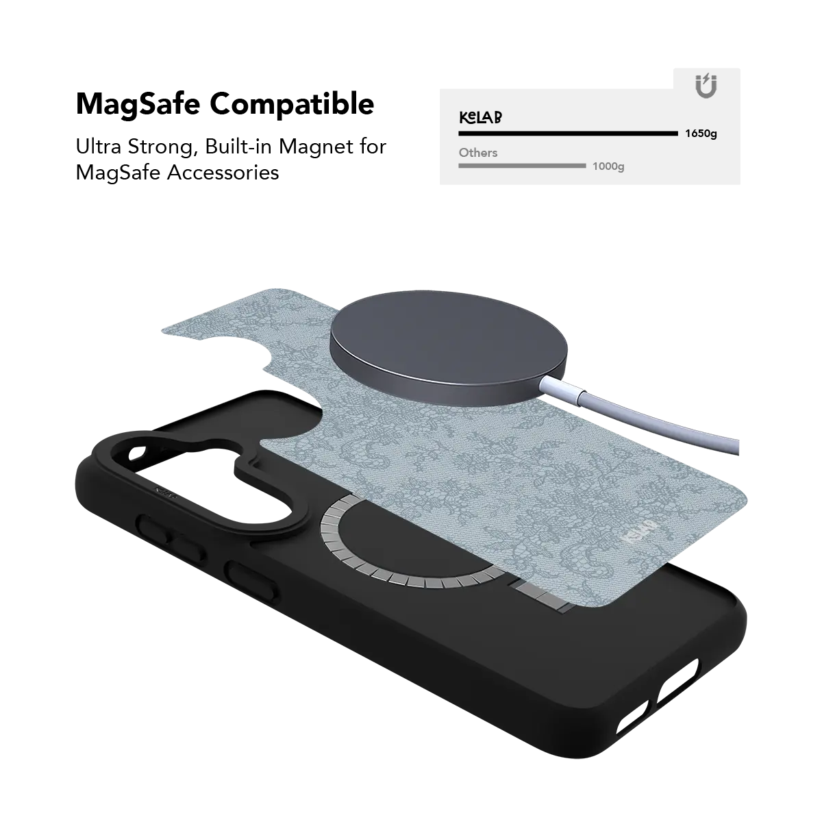 Slate blue lace Samsung Galaxy case holding a magnetic wireless charger through the built in ring