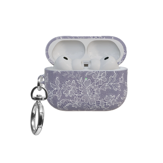 Purple Lace airpods pro case front view with open lid and keychain