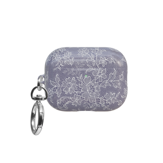 Purple Lace airpods pro case front view with closed lid and keychain