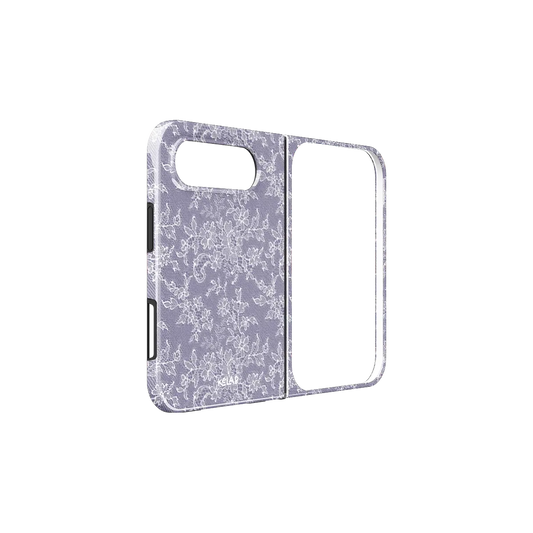 Purple Lace, Lavender Chic Floral iPhone 18 Fold Case, unfolded side view showing the hinge