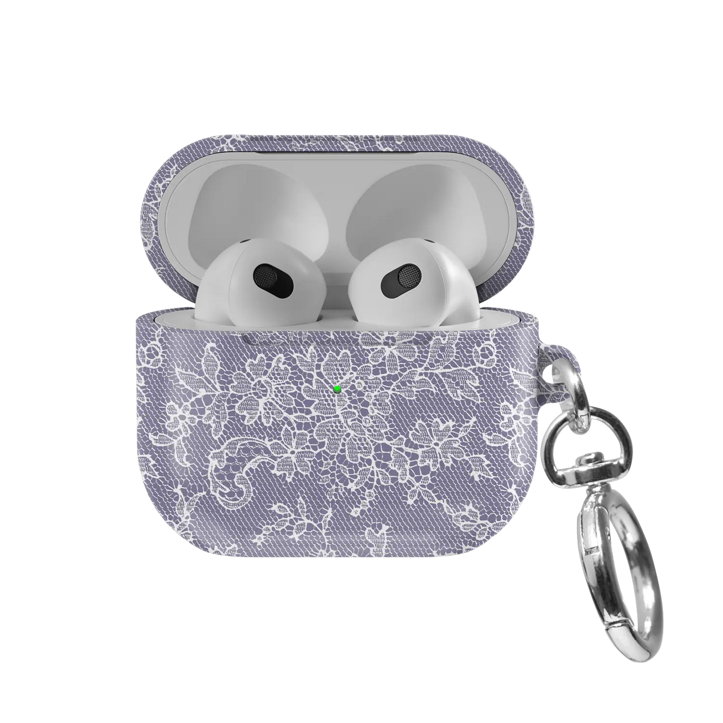Amethyst Veil AirPods case — front view with lid open, showing lavender lace print and AirPods nested inside