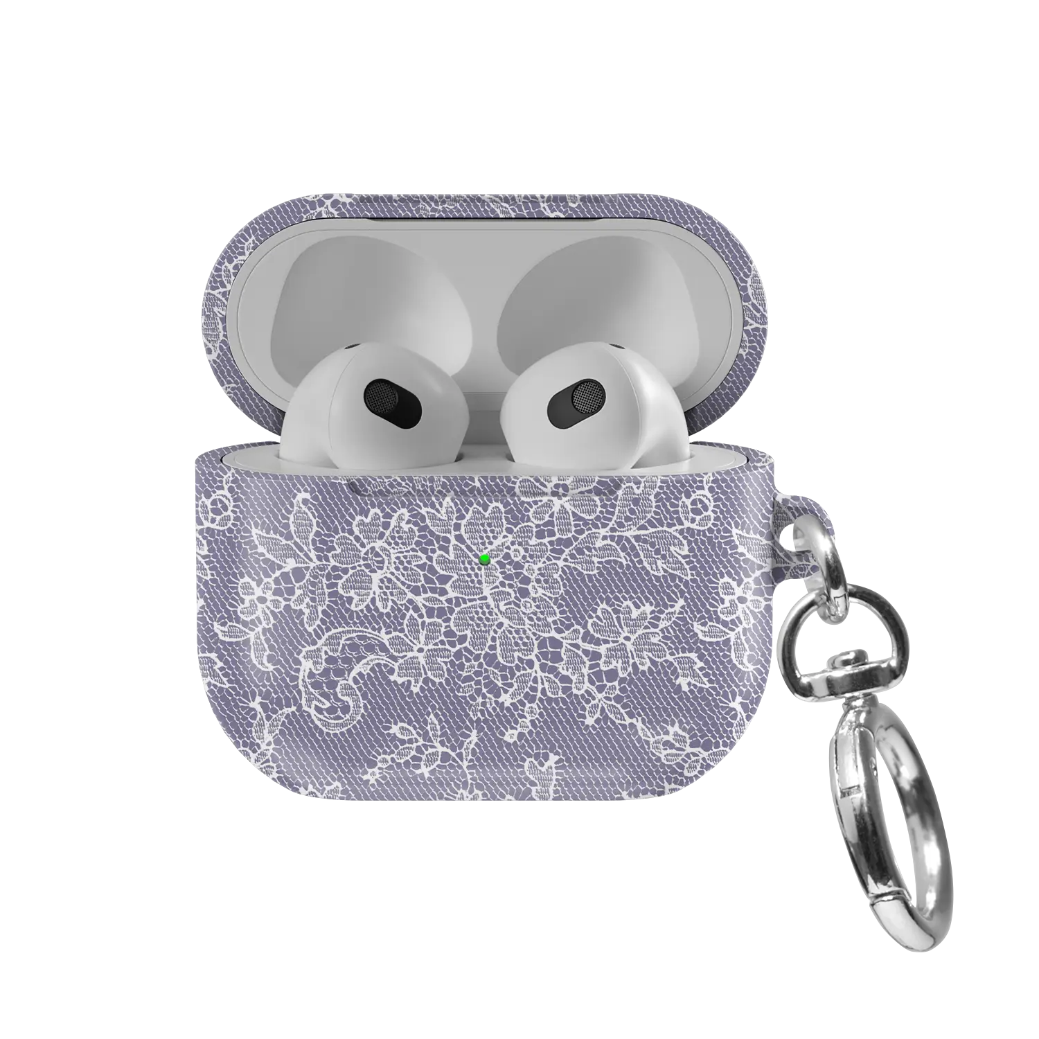 Amethyst Veil AirPods case — front view with lid open, showing lavender lace print and AirPods nested inside