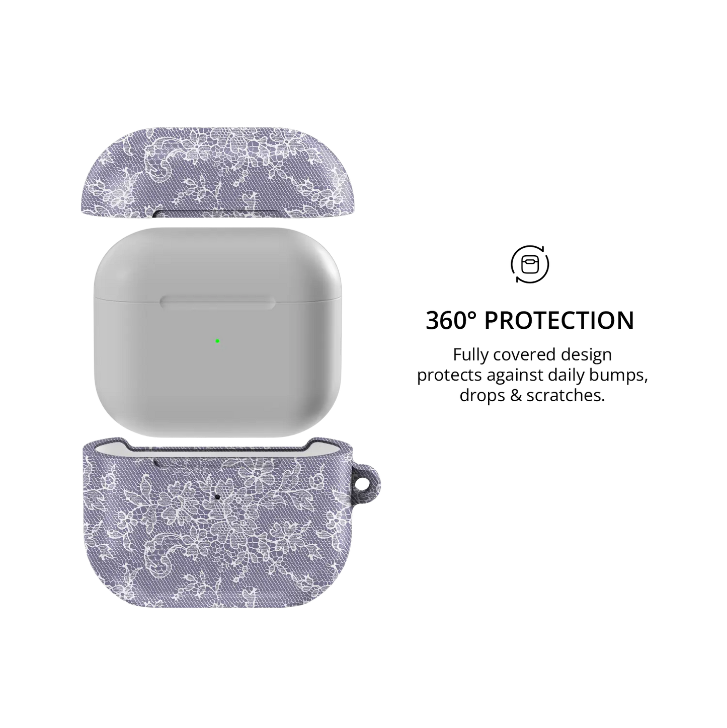 Amethyst Veil AirPods case — front and back views highlighting full 360° protective coverage