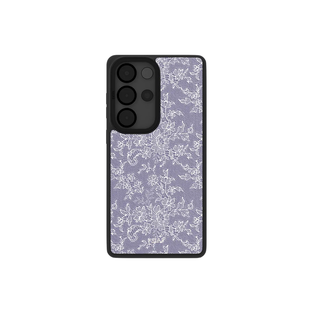 Purple lace Samsung Galaxy case, back view with soft lavender floral lace around the camera cutout
