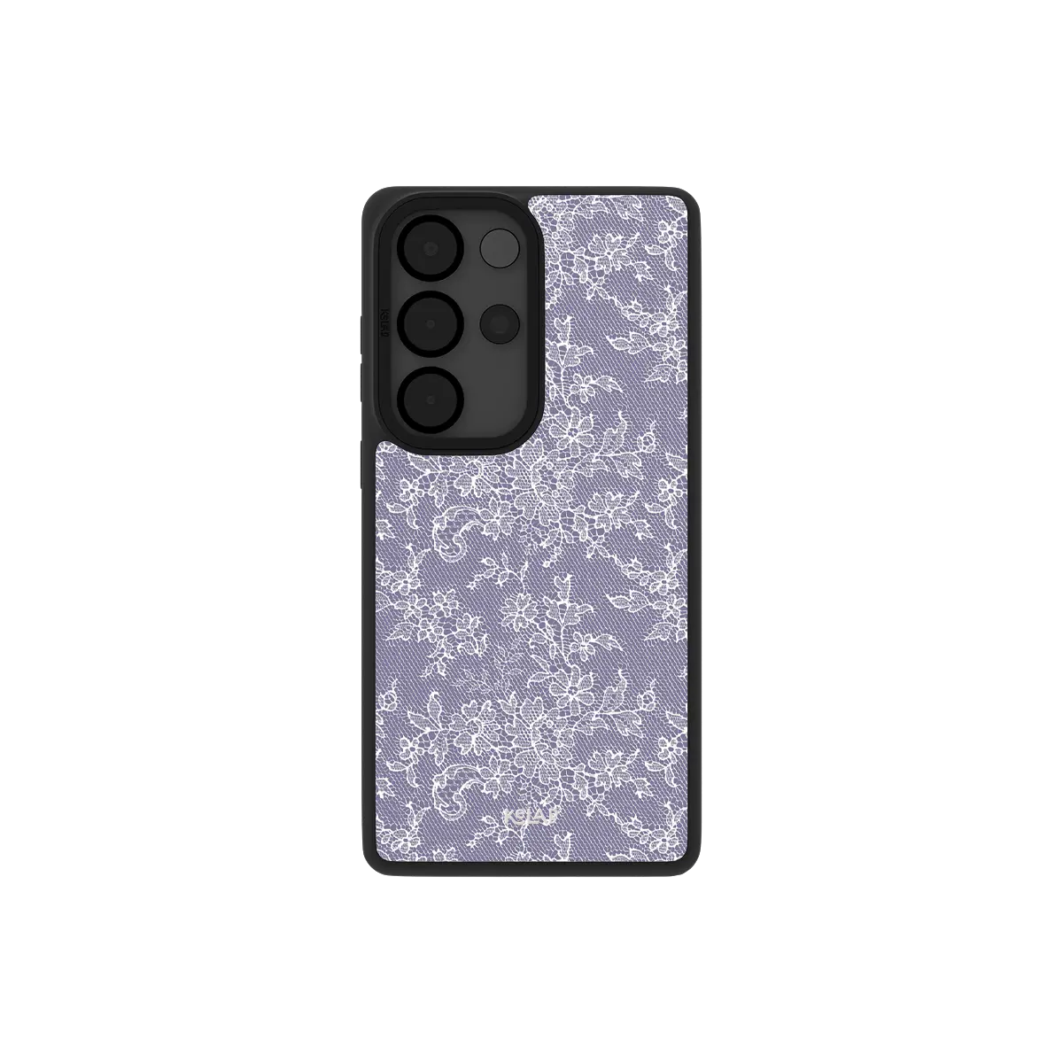 Purple lace Samsung Galaxy case, back view with soft lavender floral lace around the camera cutout