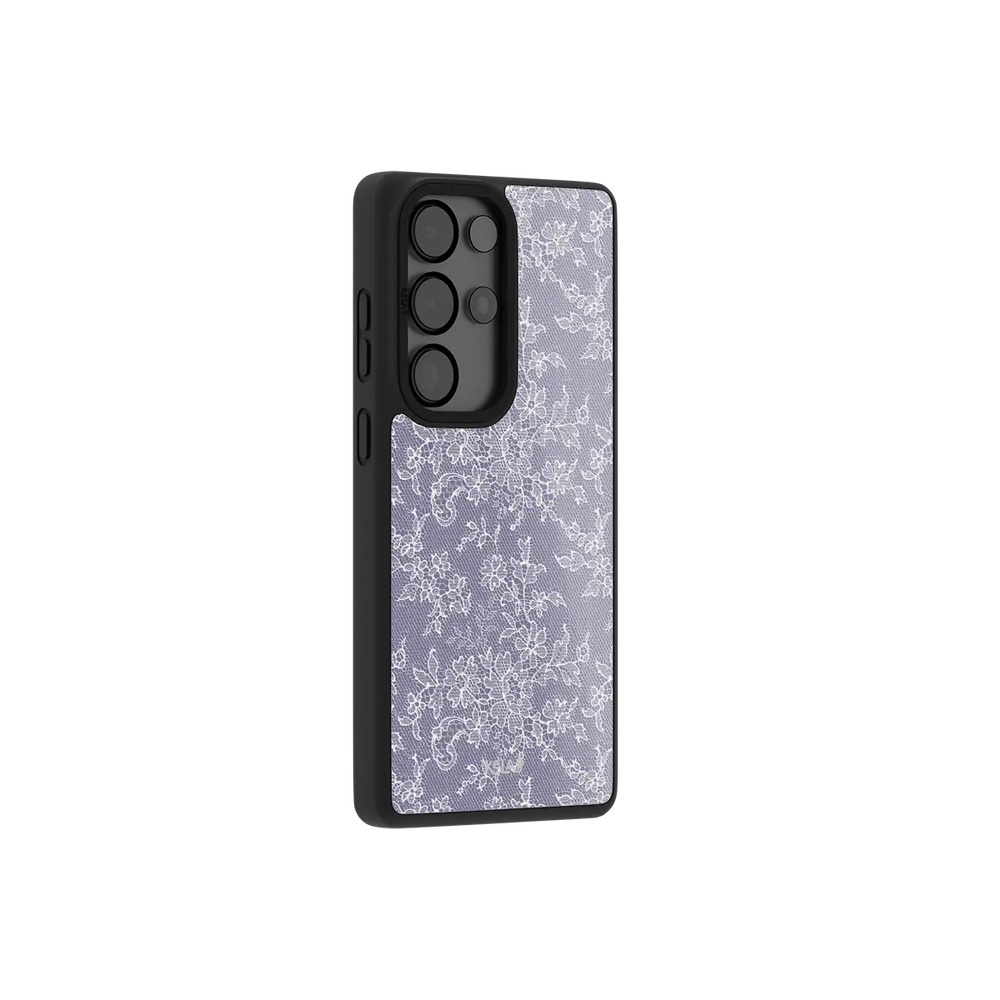 Purple lace Samsung Galaxy case at a side angle showing the wrapped button covers