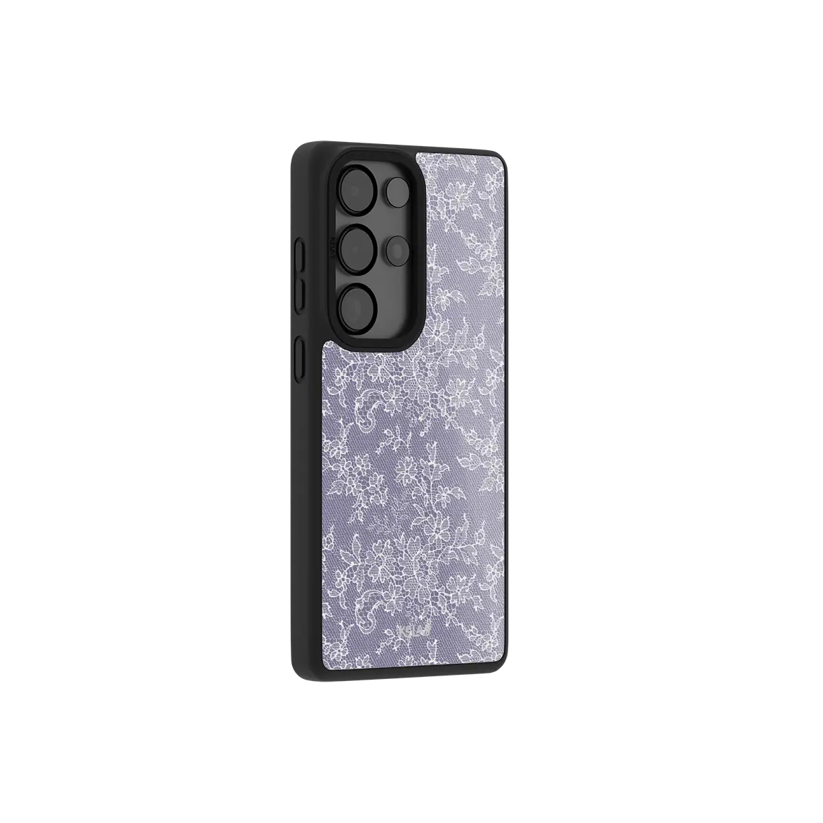 Purple lace Samsung Galaxy case at a side angle showing the wrapped button covers