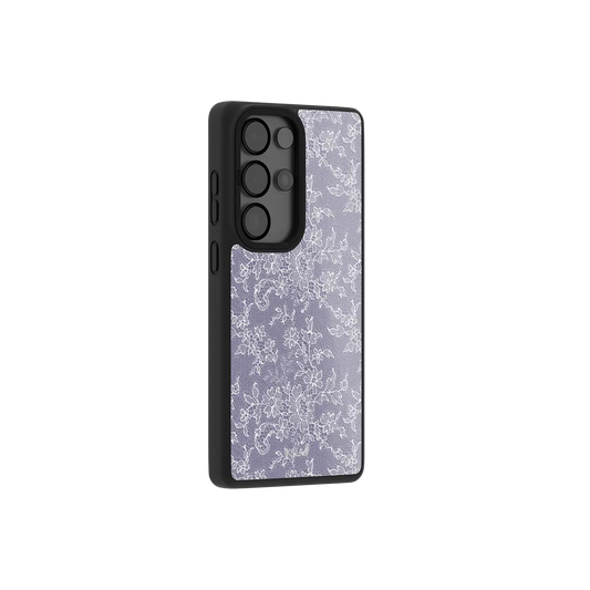 Purple lace Samsung Galaxy case at a side angle showing the wrapped button covers