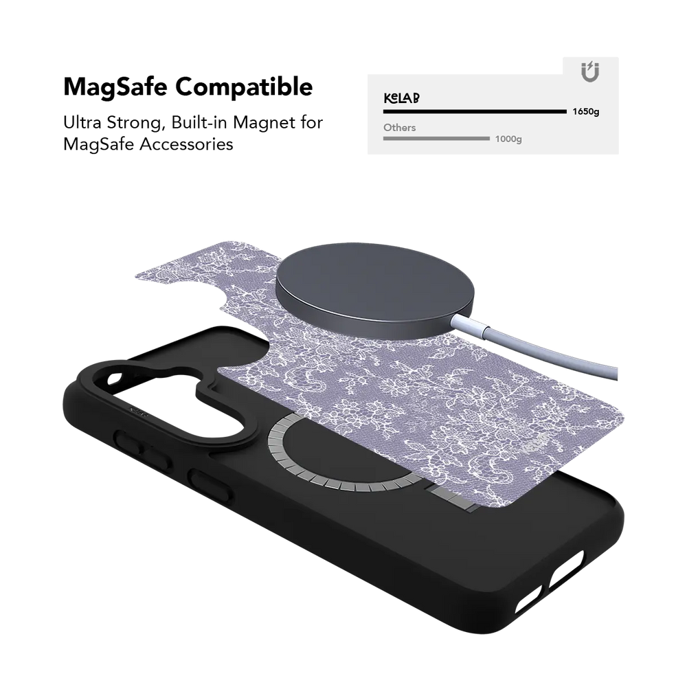 Purple lace Samsung Galaxy case holding a magnetic wireless charger through the built in ring