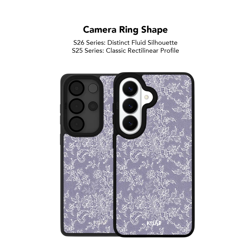 Close up of the camera ring cutout on the purple lace Samsung Galaxy case