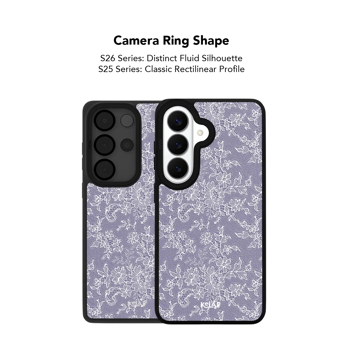 Close up of the camera ring cutout on the purple lace Samsung Galaxy case