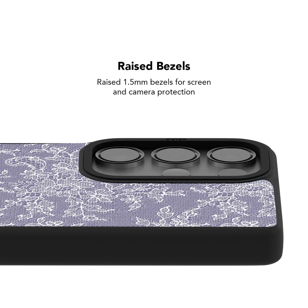 Raised bezel on the purple lace Galaxy case lifting the camera lenses clear of a flat surface