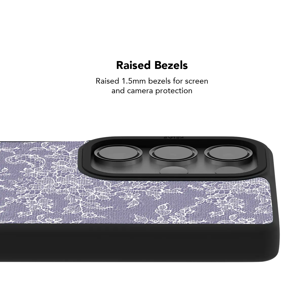 Raised bezel on the purple lace Galaxy case lifting the camera lenses clear of a flat surface
