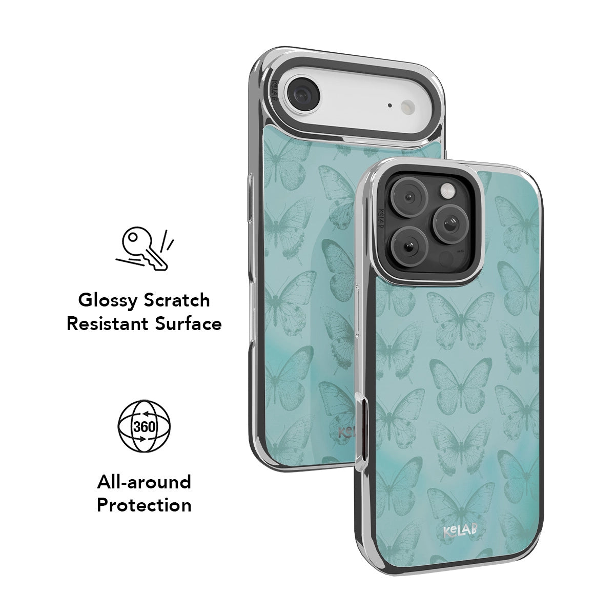 Iridescent green iPhone Case with a glossy scratch-resistant surface featuring a butterfly design