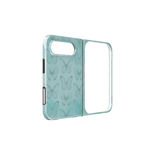 Teal Butterfly, Cottagecore Boho iPhone 18 Fold Case, unfolded side view showing the hinge