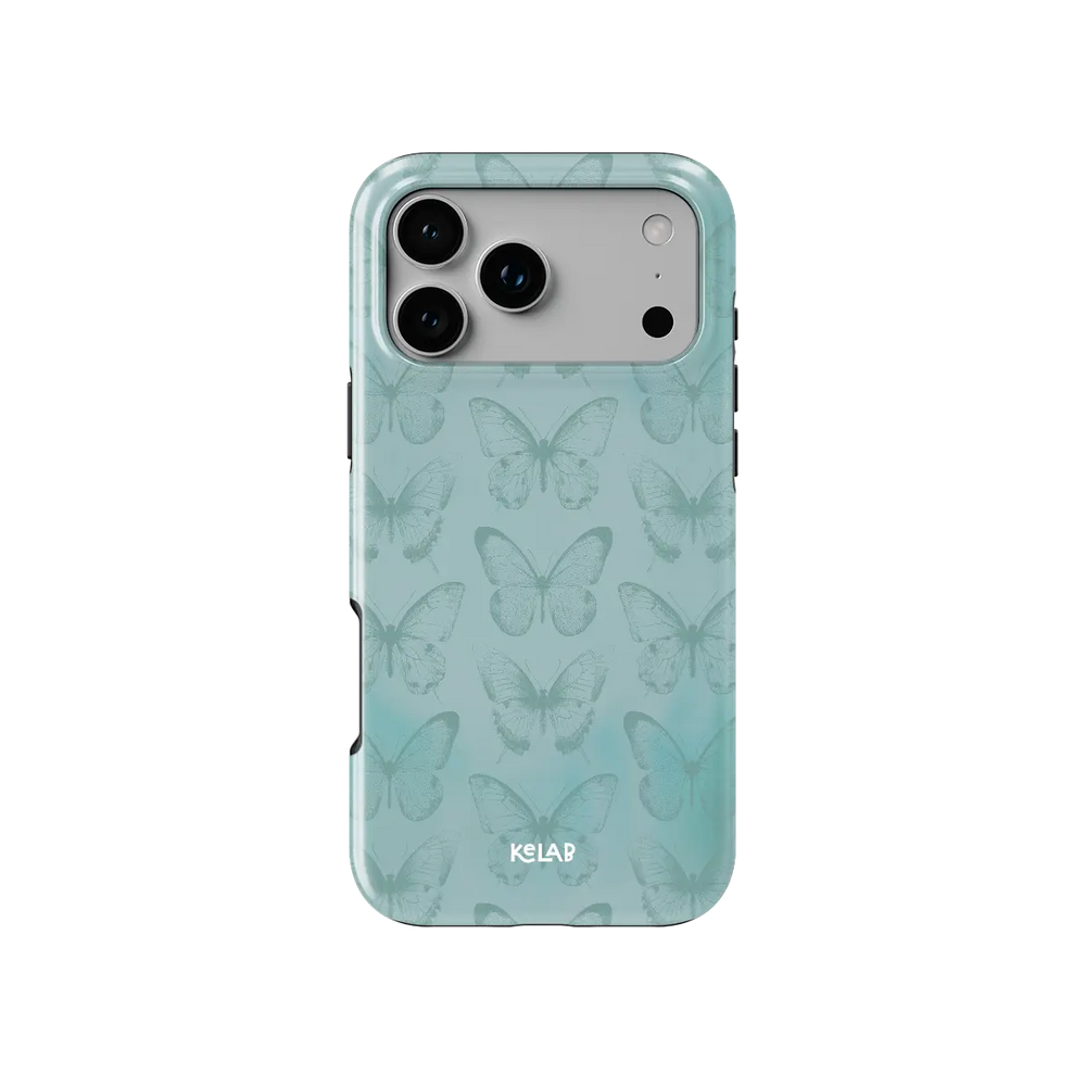 Teal Butterfly, Cottagecore Boho iPhone Case, back view showing full coverage and camera cutout